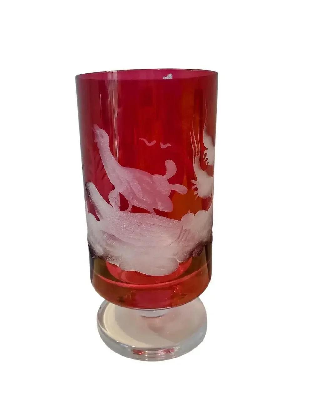 Vtg Riedel Tyrol Cranberry Etched Crystal Footed Drinking Glass Hunting Motif